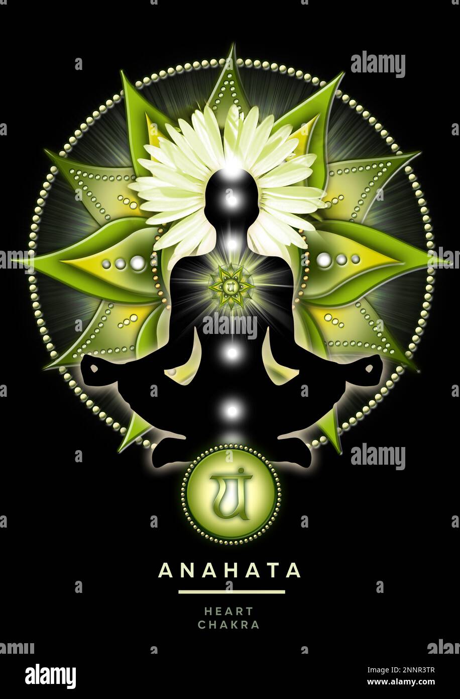 Heart chakra meditation in yoga lotus pose, in front of anahata chakra symbol. Stock Photo