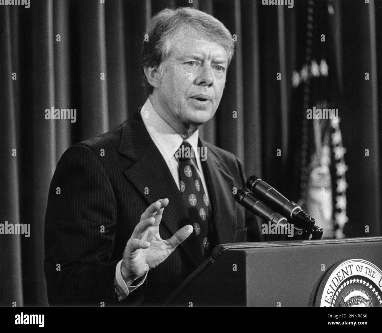 United States President Jimmy Carter holds a nationally televised press