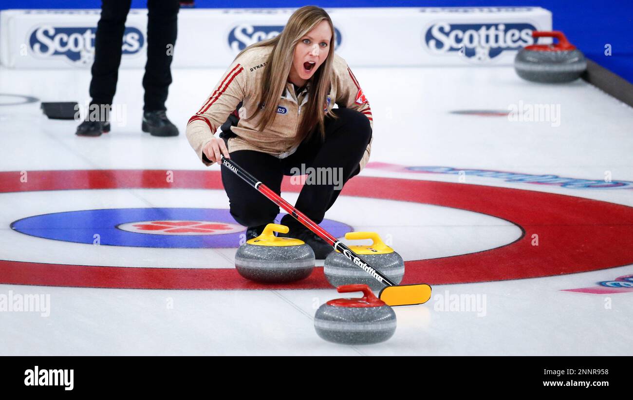 Team Ontario skip Rachel Homan directs her team against Team Canada in the final at the Scotties Tournament of Hearts curling event in Calgary, Alberta, Sunday, Feb