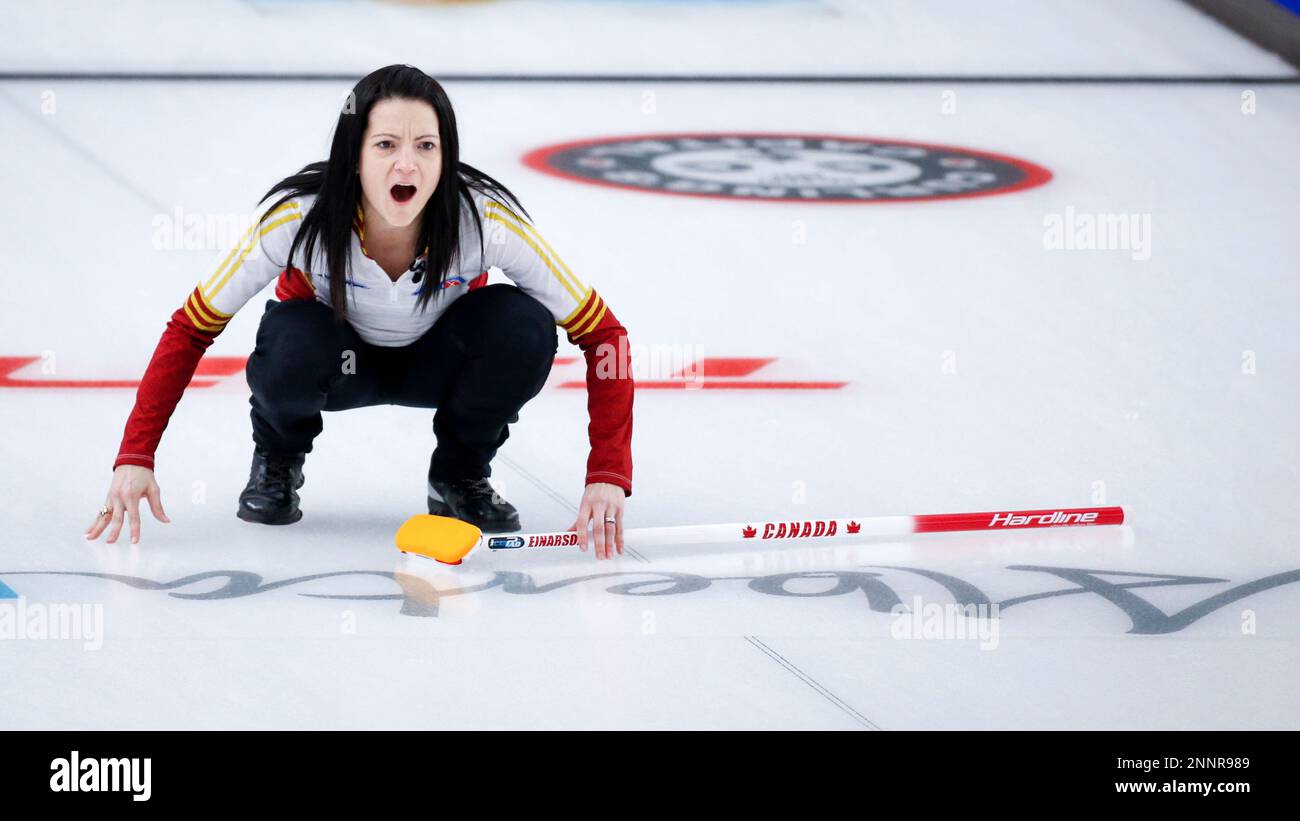 Team Canada skip Kerri Einarson directs her team against Team Ontario in the final at the Scotties Tournament of Hearts curling event in Calgary, Alberta, Sunday, Feb