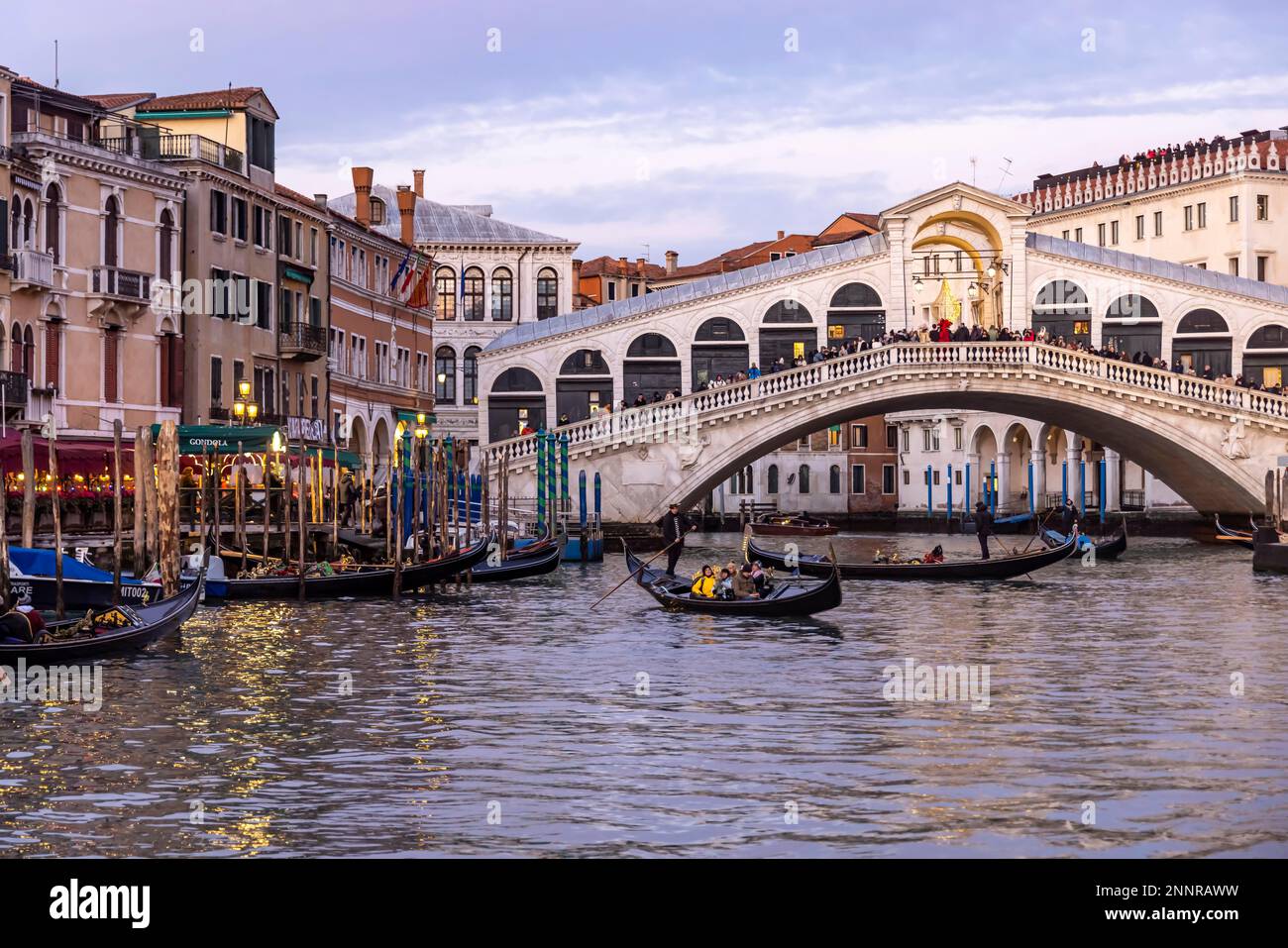 Evening atmosphere on the Grand Canal, Rialto Bridge, Venice, Italy Stock Photo