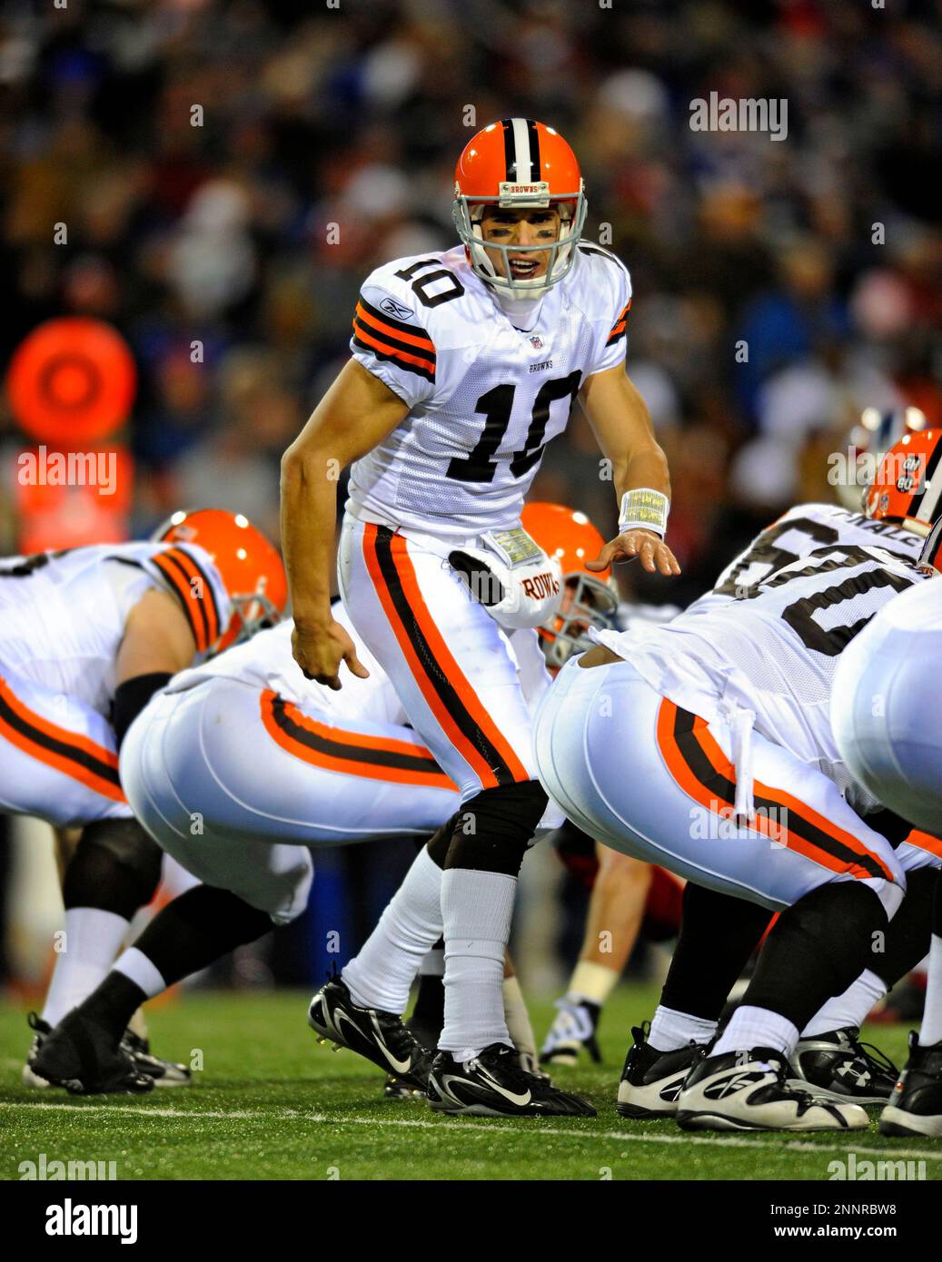 17 November 2008: Cleveland Browns' quarterback Brady Quinn sets to hand  off against the Buffalo Bills at Ralph Wilson Stadium in Orchard Park, NY.  The Browns defeated the Bills 29-27 in the