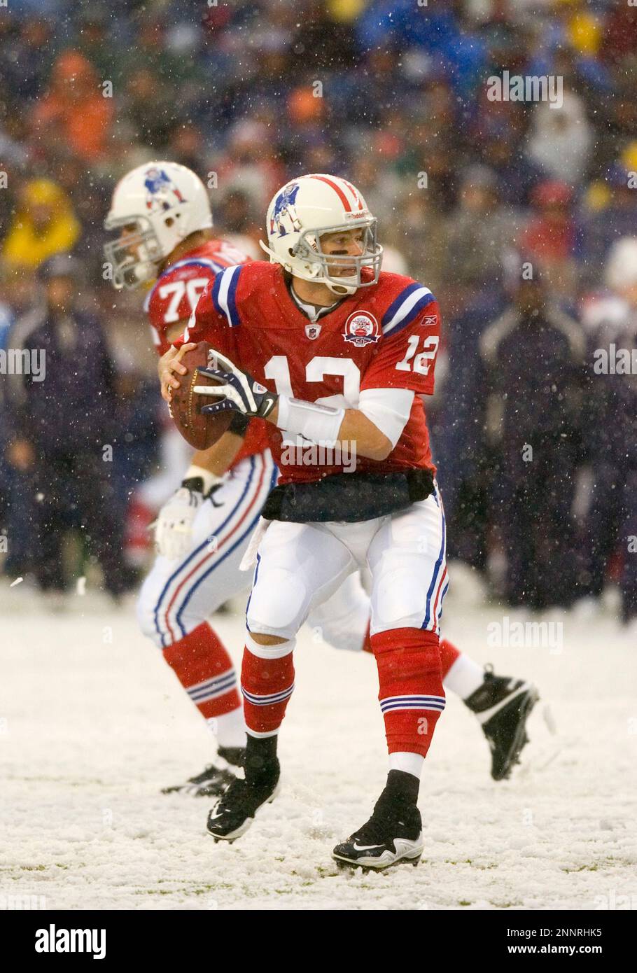 18 October 2009. New England Patriot Quarterback Tom Brady (12) searches  for a target during a passing play in the first quarter. The New England  (Boston) Patriots defeated the Tennessee (Oilers) Titans