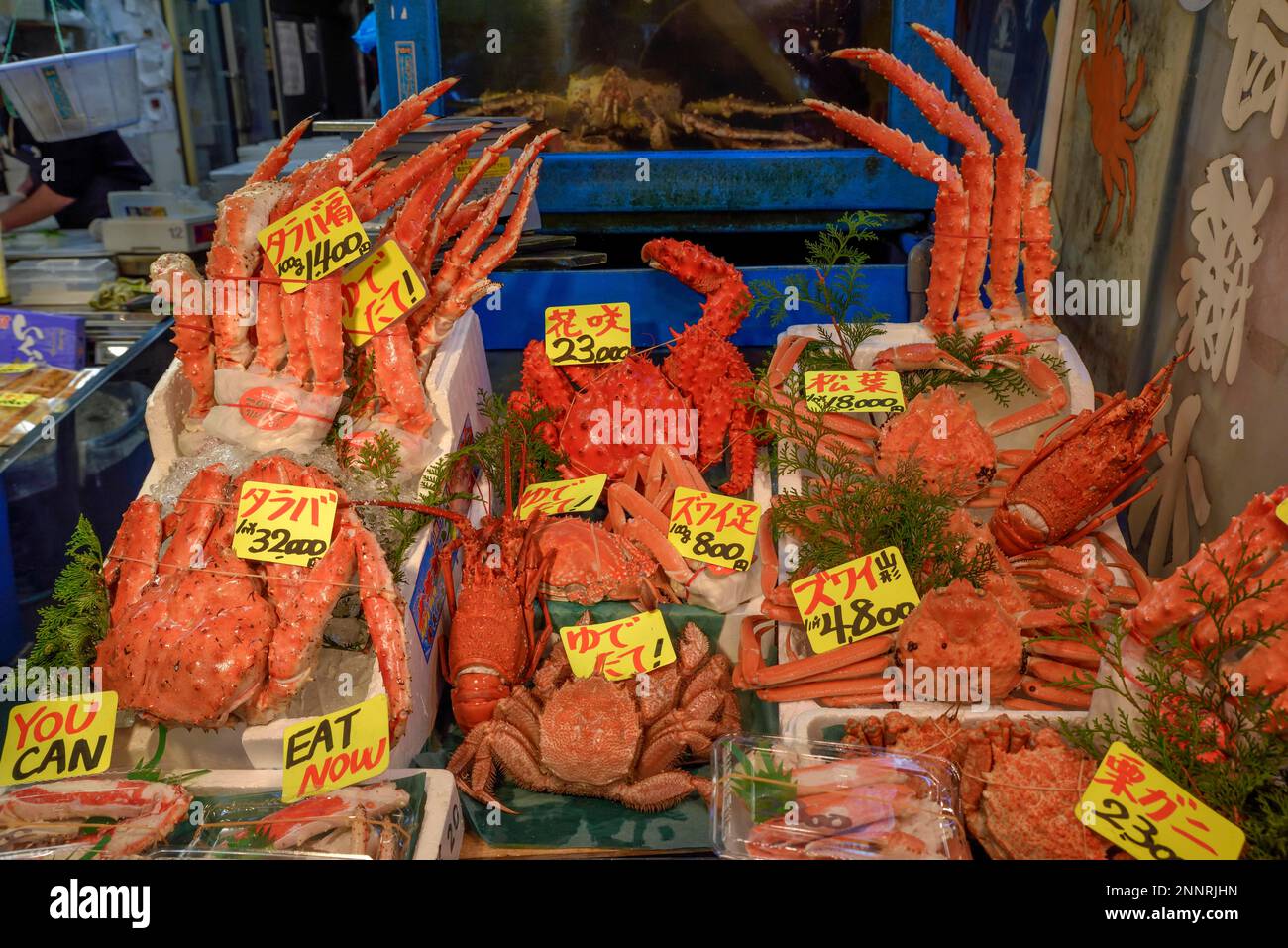 Fresh prawns, seafood at a stand at the Tsukiji market, Chuo district