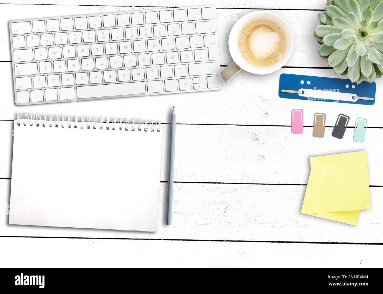top view of clean modern office workspace, wooden desk with computer