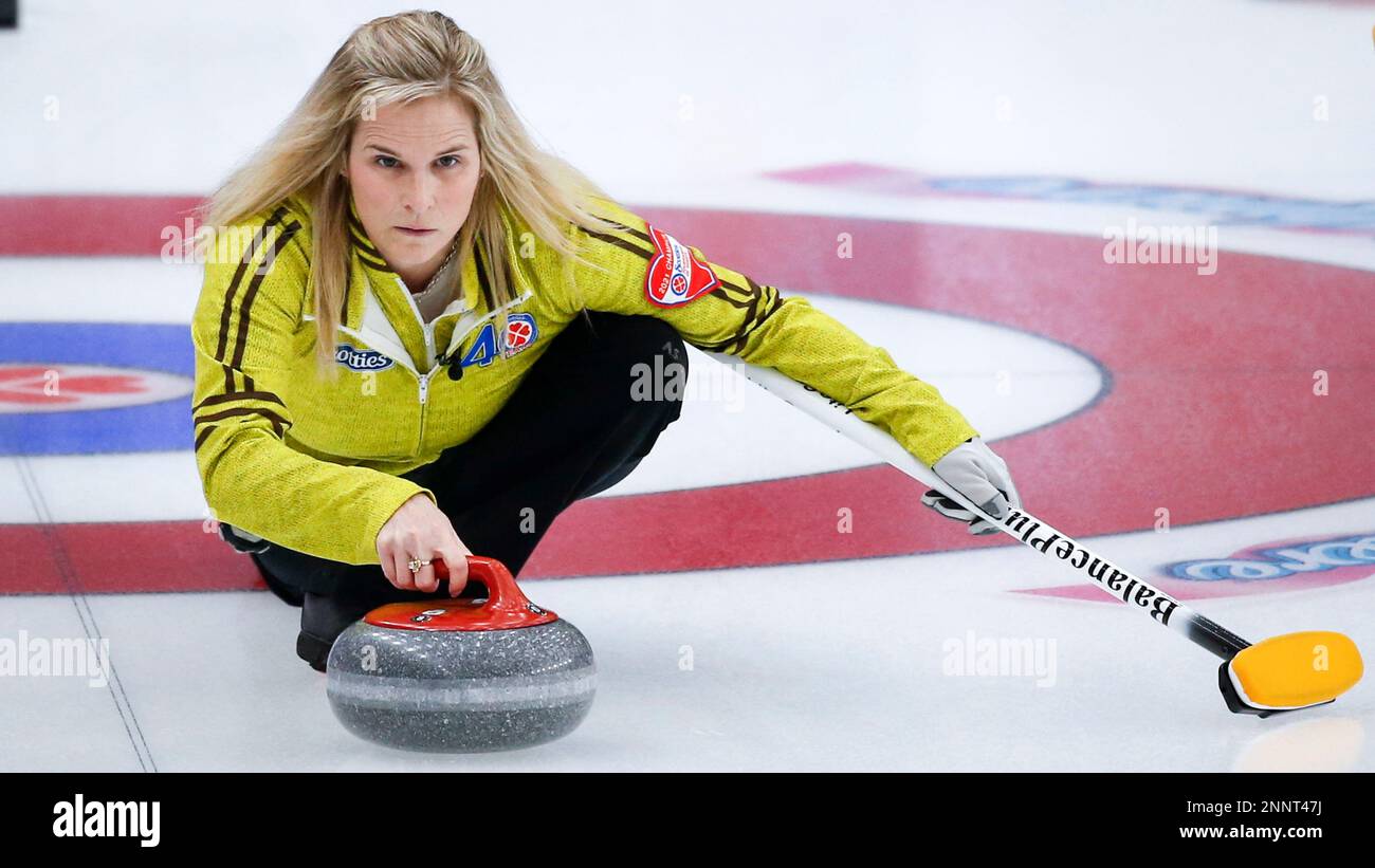 Team Manitoba skip Jennifer Jones makes a shot against Team Prince Edward Island at the Scotties Tournament of Hearts at the Scotties Tournament of Hearts curling competition in Calgary, Alberta, Wednesday, Feb.