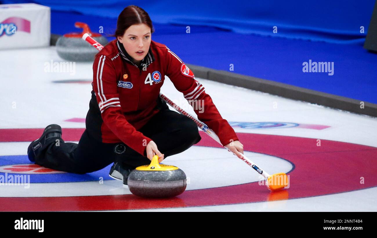 Team Newfoundland and Labrador skip Sarah Hill makes a shot against Team Quebec at the Scotties Tournament of Hearts at the Scotties Tournament of Hearts curling competition in Calgary, Alberta, Wednesday, Feb.