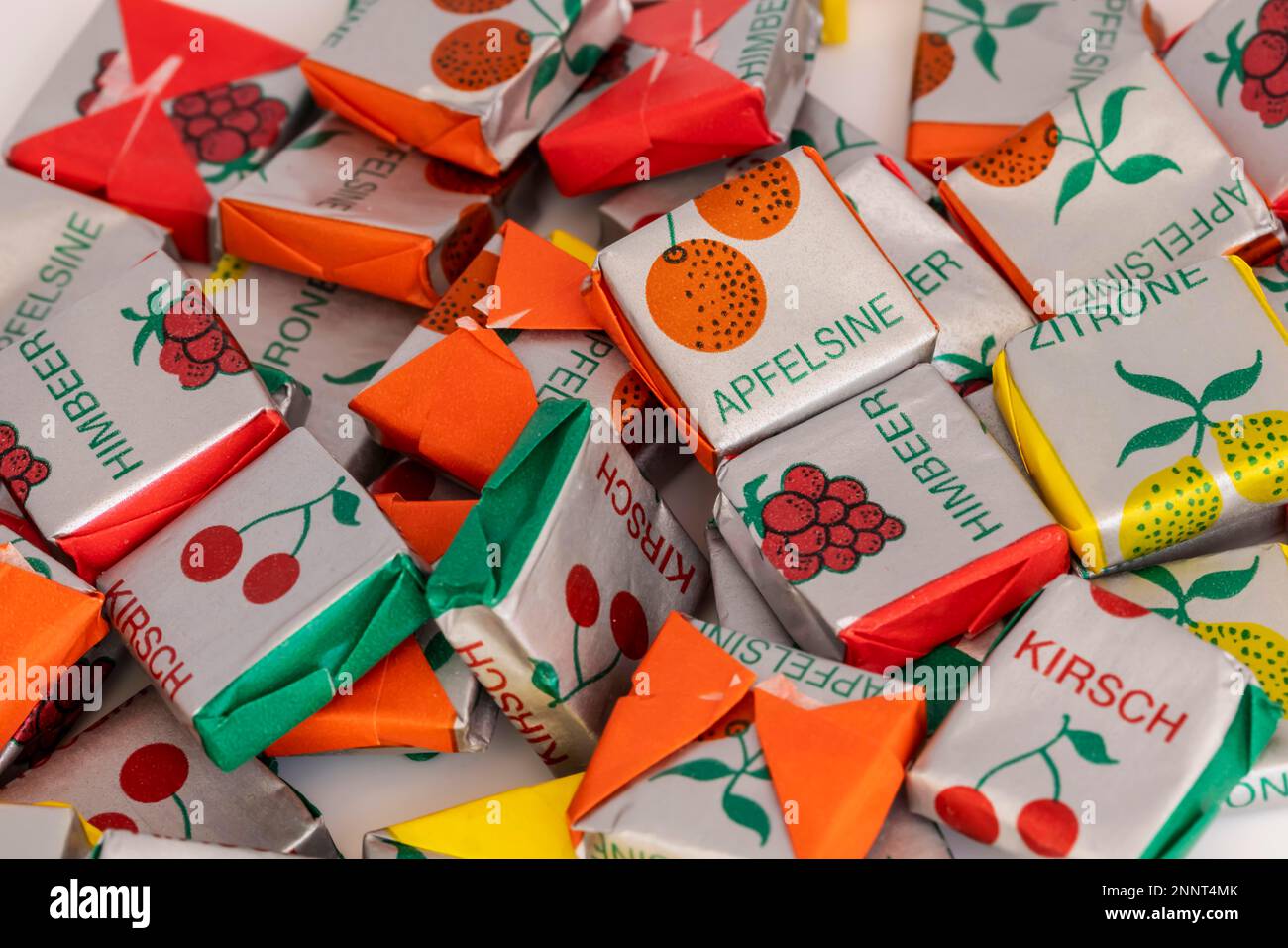 Chewy sweets in retro design, Boehme fruit caramels are classics among sweets, they are produced by the Delitzscher Schokoladenfabrik, studio Stock Photo