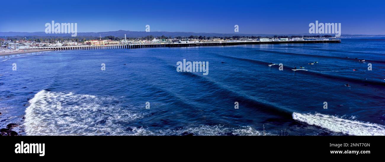 Elevated view of waves on beach, Santa Cruz Lighthouse, Santa Cruz, California, USA Stock Photo