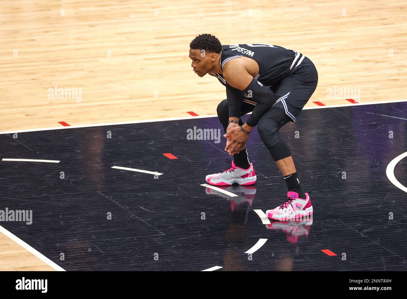 Los Angeles, United States. 24th Feb, 2023. Los Angeles Clippers guard Russell Westbrook defends during an NBA basketball game against the Sacramento Kings. Kings 176:175 Clippers Credit: SOPA Images Limited/Alamy Live News Stock Photo