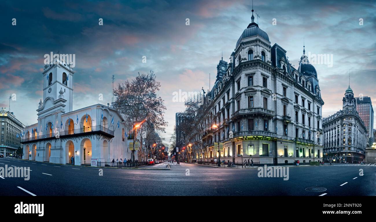 Buenos Aires Cabildo on Plaza de Mayo at dusk, Buenos Aires, Argentina Stock Photo