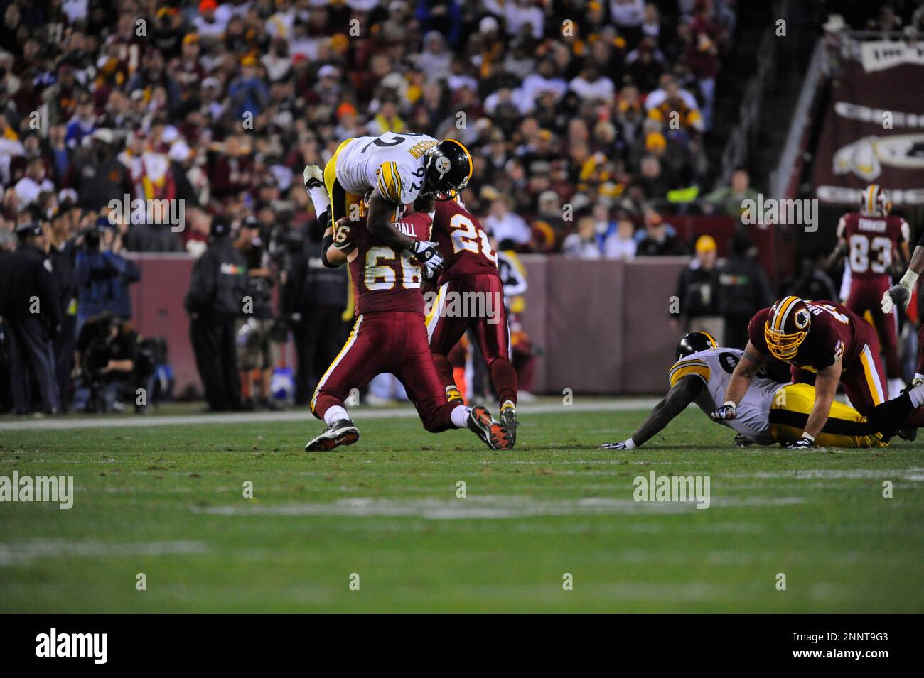 03 November 2008: Steelers OLB LaMarr Woodley (56) sacks Redskins QB Jason  Campbell (17). The Pittsburgh Steelers defeated the Washington Redskins  23-6 on Monday Night Football at FedEx Field in Landover, MD. (