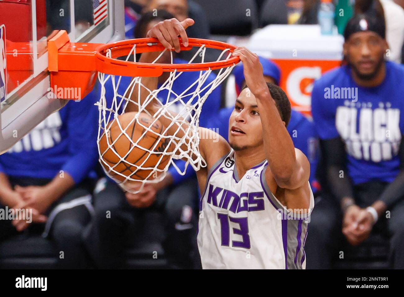 Los Angeles, United States. 24th Feb, 2023. Sacramento Kings forward Keegan Murray dunks against the Los Angeles Clippers during an NBA basketball game. Kings 176:175 Clippers Credit: SOPA Images Limited/Alamy Live News Stock Photo