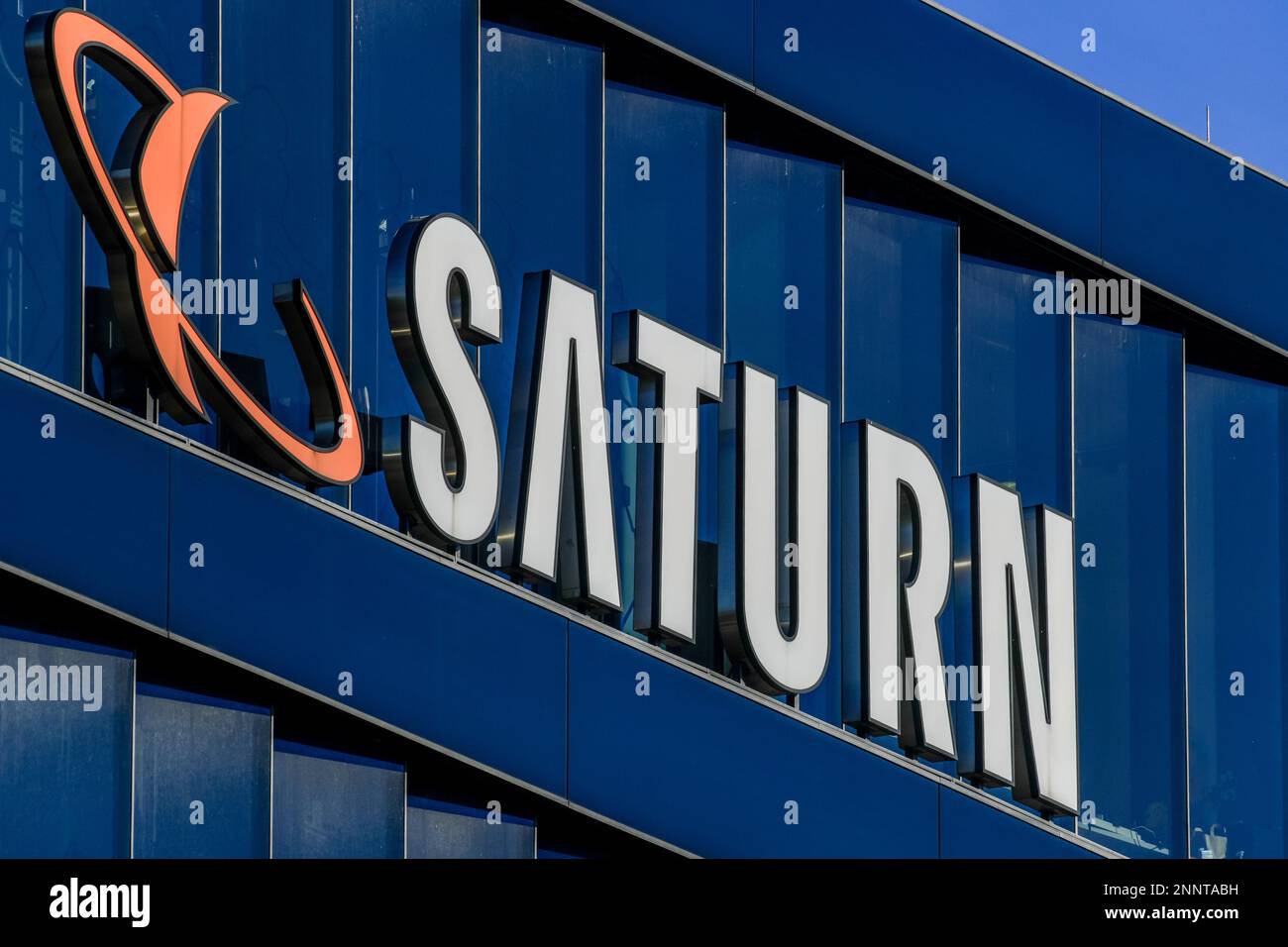 Saturn, logo, advertising, Europacenter, Breitscheidplatz, Charlottenburg, Berlin, Germany Stock Photo