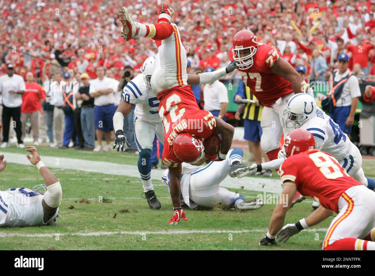 31 OCTOBER 2004: Chiefs Priest Holmes (31) dives with the ball to the one  yard line in Kansas City Chiefs win 45-35 over the Indianapolis Colts at  Arrowhead Stadium in Kansas City,