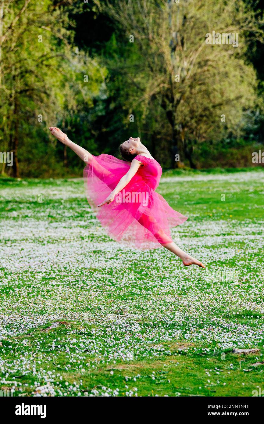 Ballerina dancing on lawn with flowers, Battle Point Park, Bainbridge Island, Washington, USA Stock Photo