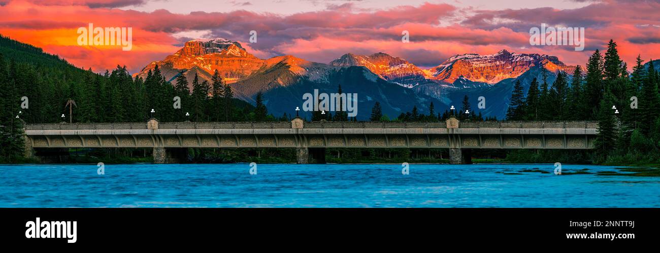 Banff Bow River Bridge over Bow River in Canadian Rockies at sunset ...