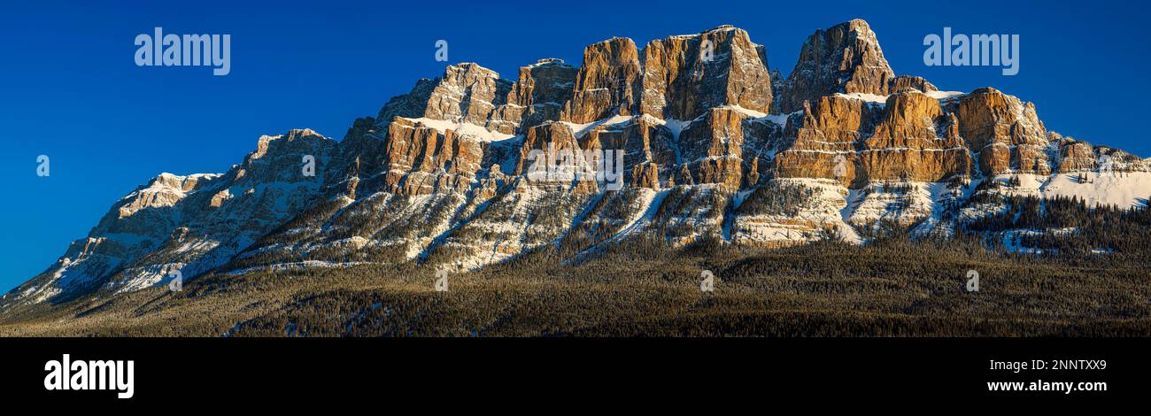 Castle Mountain under clear blue sky, Banff, Alberta, Canada Stock Photo