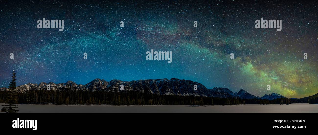 Milky Way at night above Mount Wintour, Kananaskis Country, Alberta, Canada Stock Photo