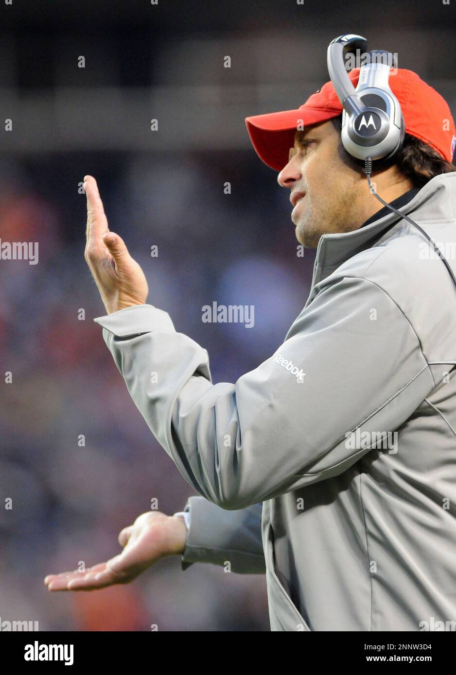 14 NOVEMBER 2010: Kansas City Chiefs head coach Todd Haley argues a  reception that was ruled a touchdown after instant replay showed the  receivers feet both touch the ground in-bounds during a