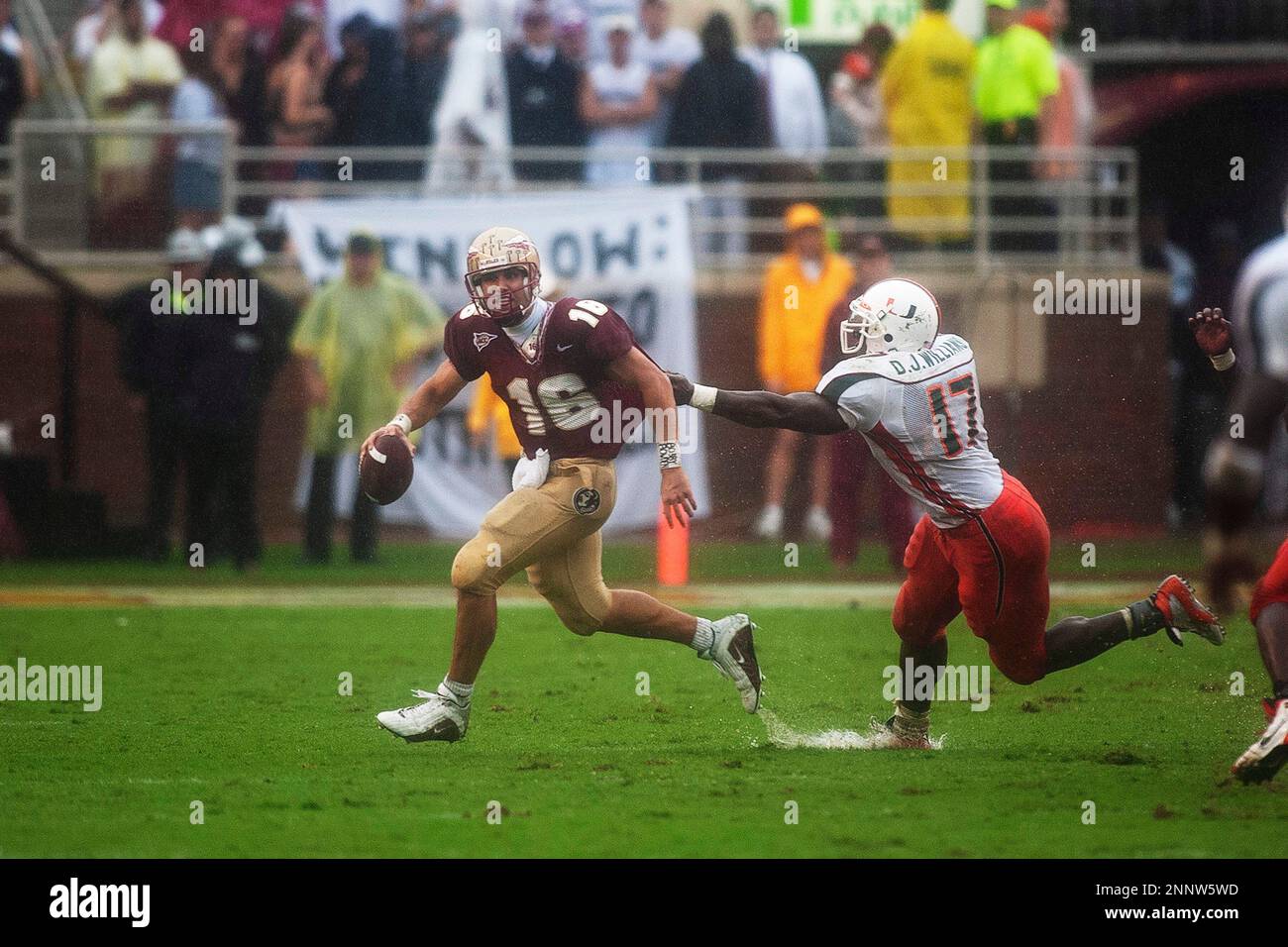 Florida State University Seminoles quarterback Chris Rix (16) during an  NCAA football game against the University of Miami Hurricanes linebacker  D.J. Williams (17), Saturday, October 11, 2003 in Tallahassee, FL. Miami  defeated