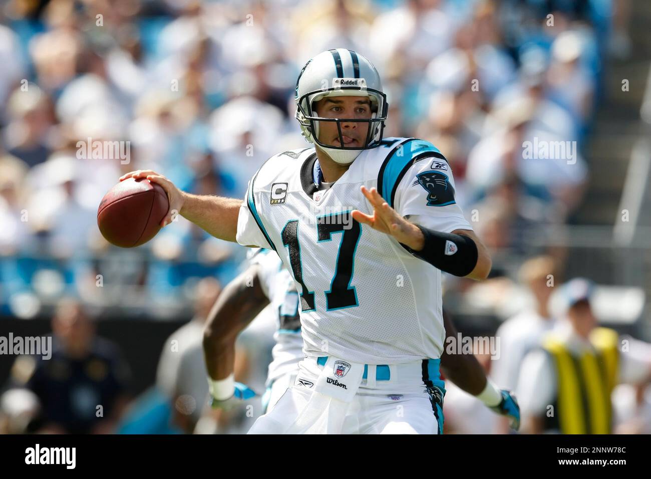 Carolina Panthers offensive tackle Jordan Gross (69) watches the big screen  replay of a Panthers defensive play in the closing seconds of the panthers  13-10 victory over the Seattle Seahawks at Bank