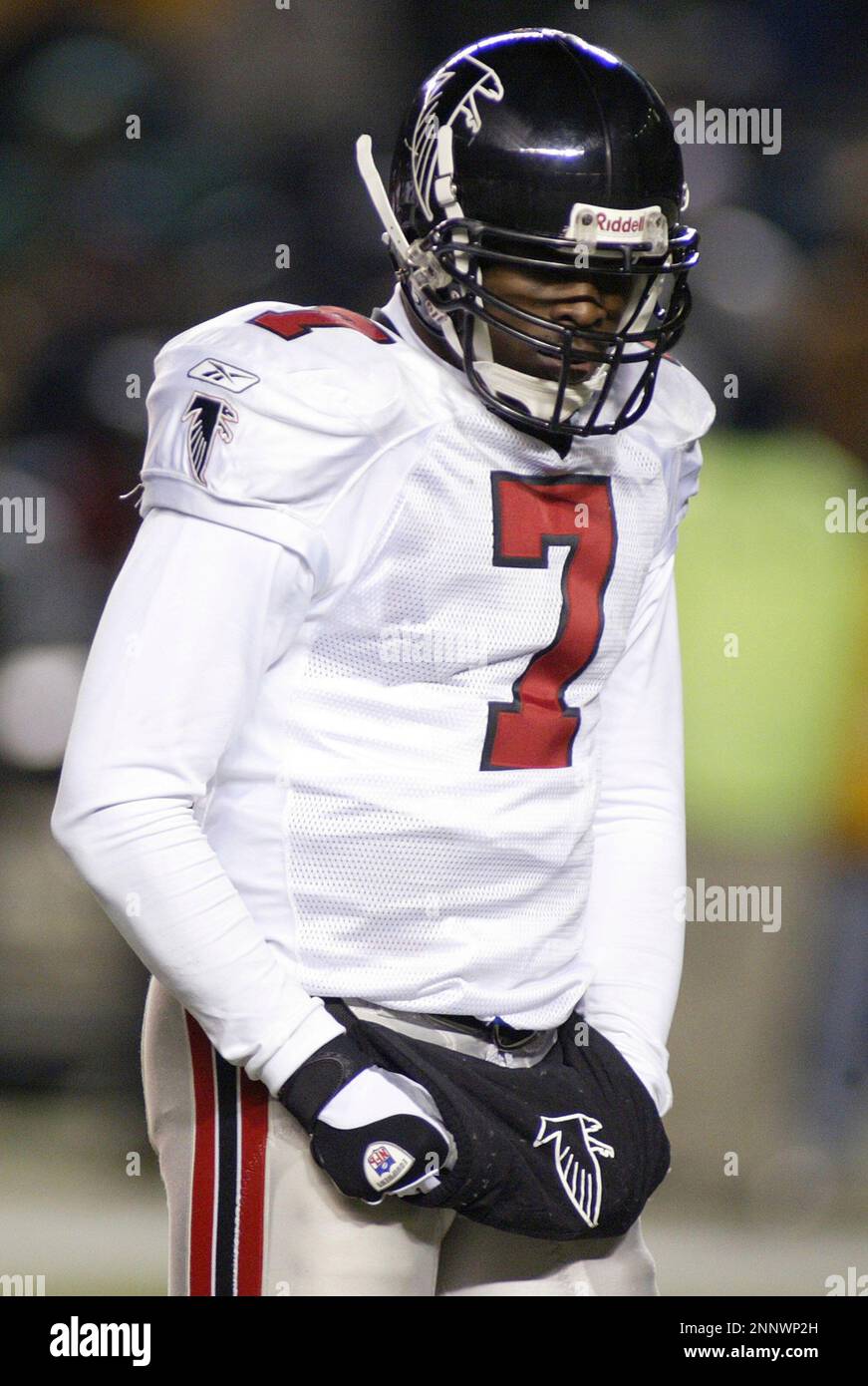 11 Jan 2003: A dejected Michael Vick of the Atlanta Falcons during the  Falcons 20-6 loss to the Philadelphia Eagles in the NFC Divisional playoff  game at Veterans Stadium in Philadelphia, PA. (