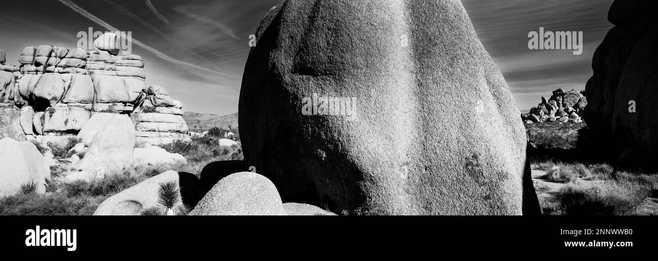 Rock formations in desert in black and white, Joshua Tree National Park, California, USA Stock Photo