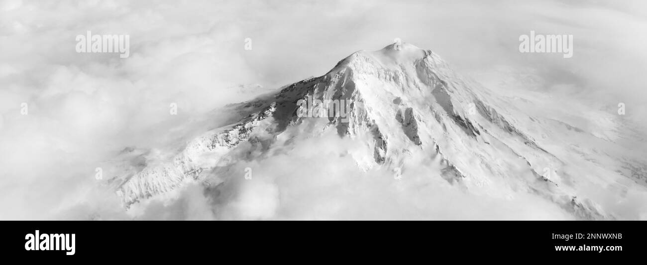 Snow-covered Mt. Rainier in black and white, Cascade Range, Washington State, USA Stock Photo