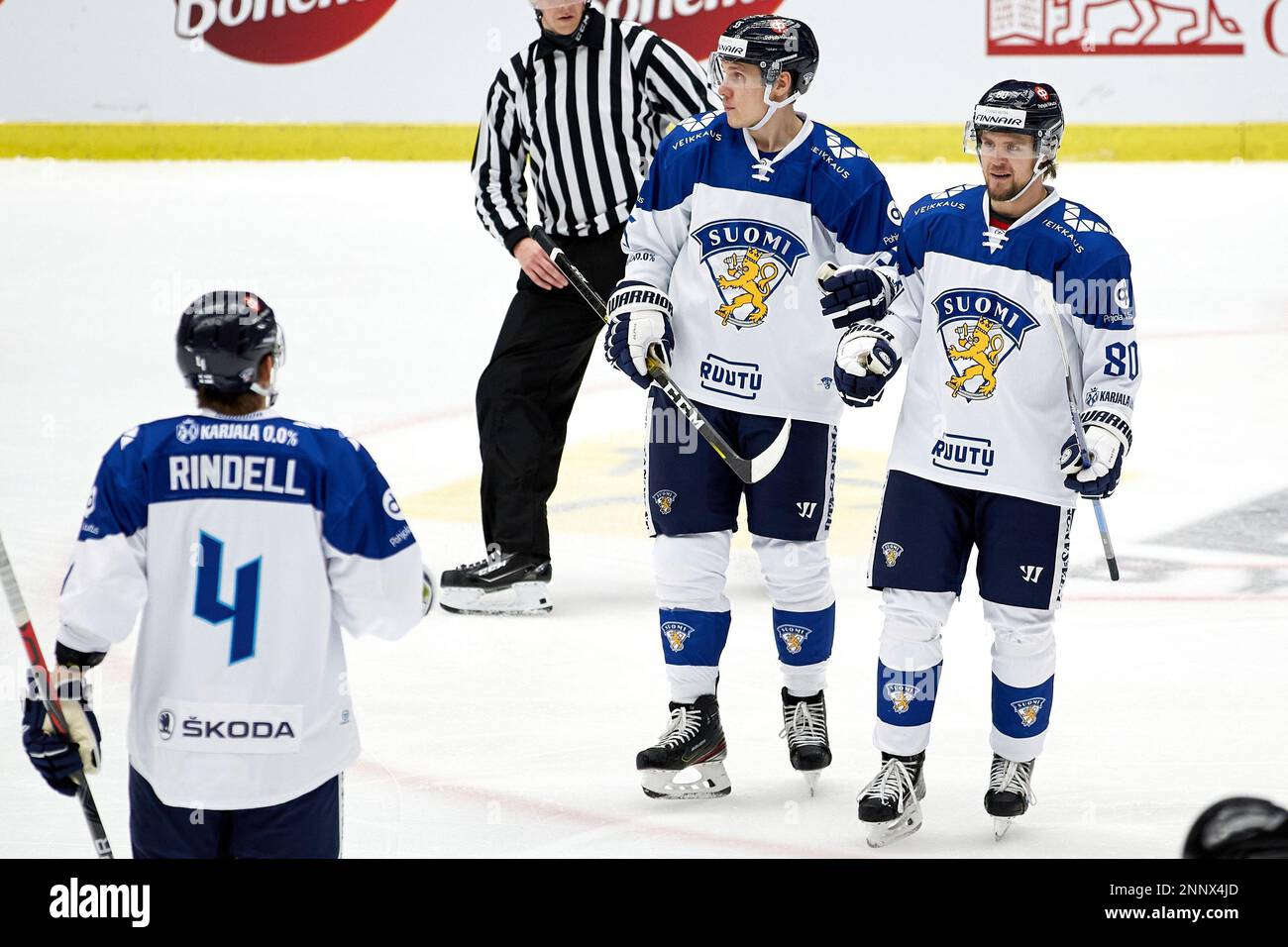 Finlands Teemu Turunen celebrate a goal with team members during the Beijer Hockey Games (Euro Hockey Tour) ice hockey match between Finland and Czech Republic at the Malmo Arena in Malmo, Sweden,