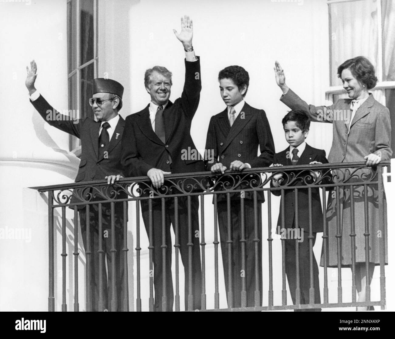 United States President Jimmy Carter, second left, and King Hassan II of Morocco, left, accompanied by first lady Rosalynn Carter, right, and the King’s two sons wave from the Blue Room Balcony following the State Arrival Ceremony on the South Lawn of the White House in Washington, DC on November 14, 1978.Credit: Benjamin E. 'Gene' Forte / CNP / MediaPunch Stock Photo