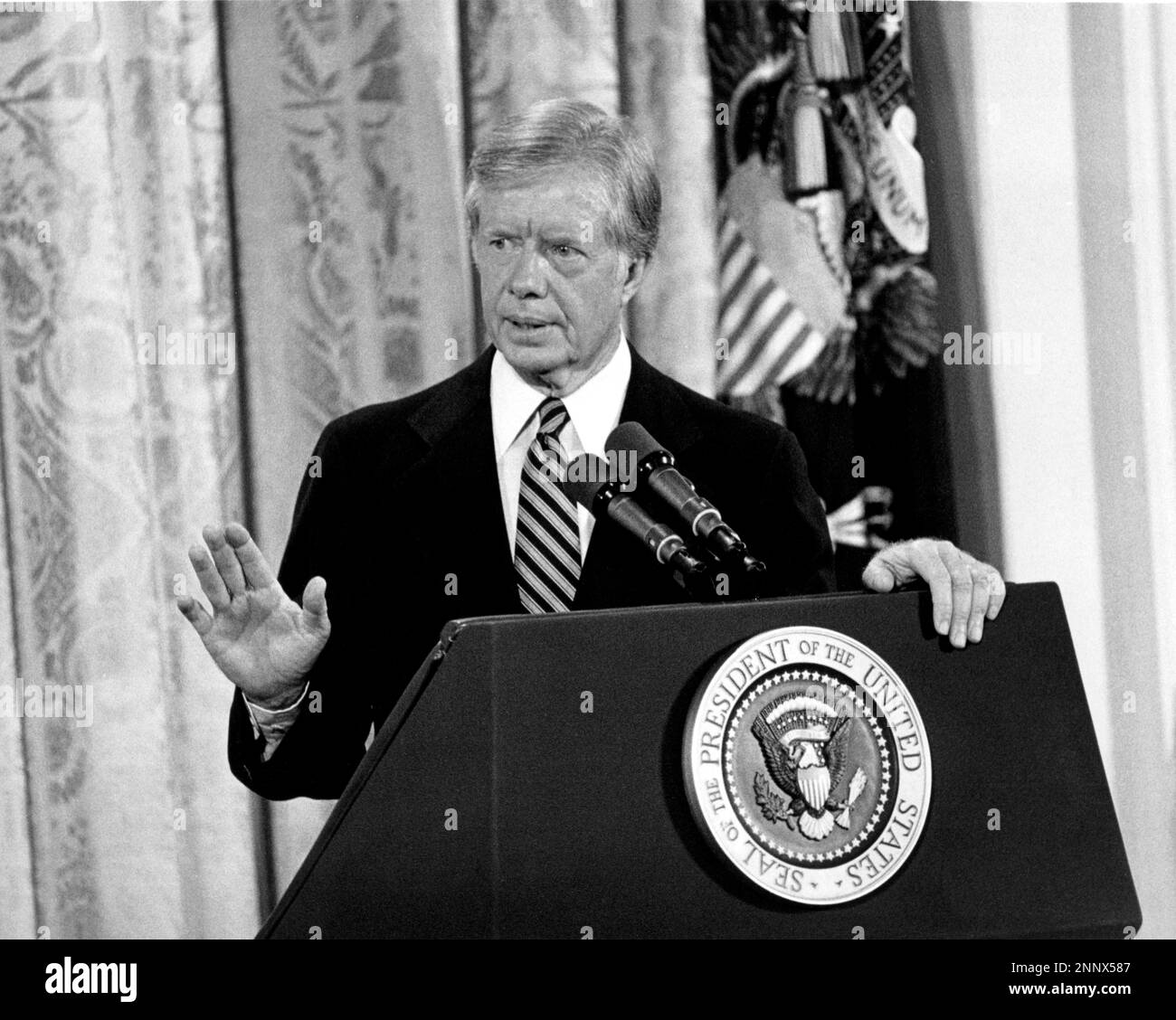 United States President Jimmy Carter holds a press conference in the East Room of the White House in Washington, DC on August 4, 1980.  The President discussed the scandal surrounding his brother Billy.  Carter said there was no impropriety in his brother's activities and insisted neither he nor any member of his administration broke any laws.  The President went on to say his brother tried to free the American hostages being held in Iran through his dealings with the Libyans.Credit: Benjamin E. 'Gene' Forte / CNP / MediaPunch Stock Photo