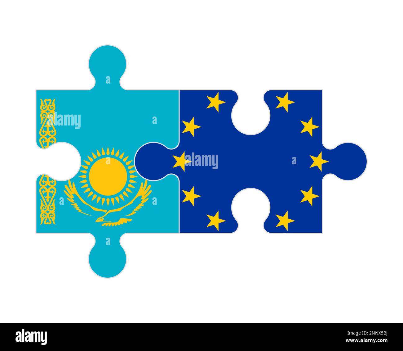 Connected puzzle of flags of Kazakhstan and European Union, vector