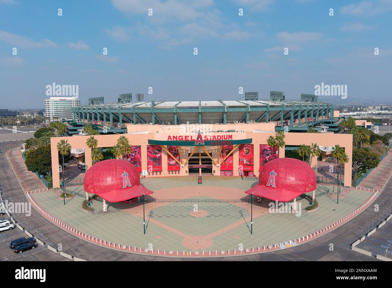 An aerial view of Angel Stadium of Anahiem, Wednesday, Feb. 10, 2021 ...