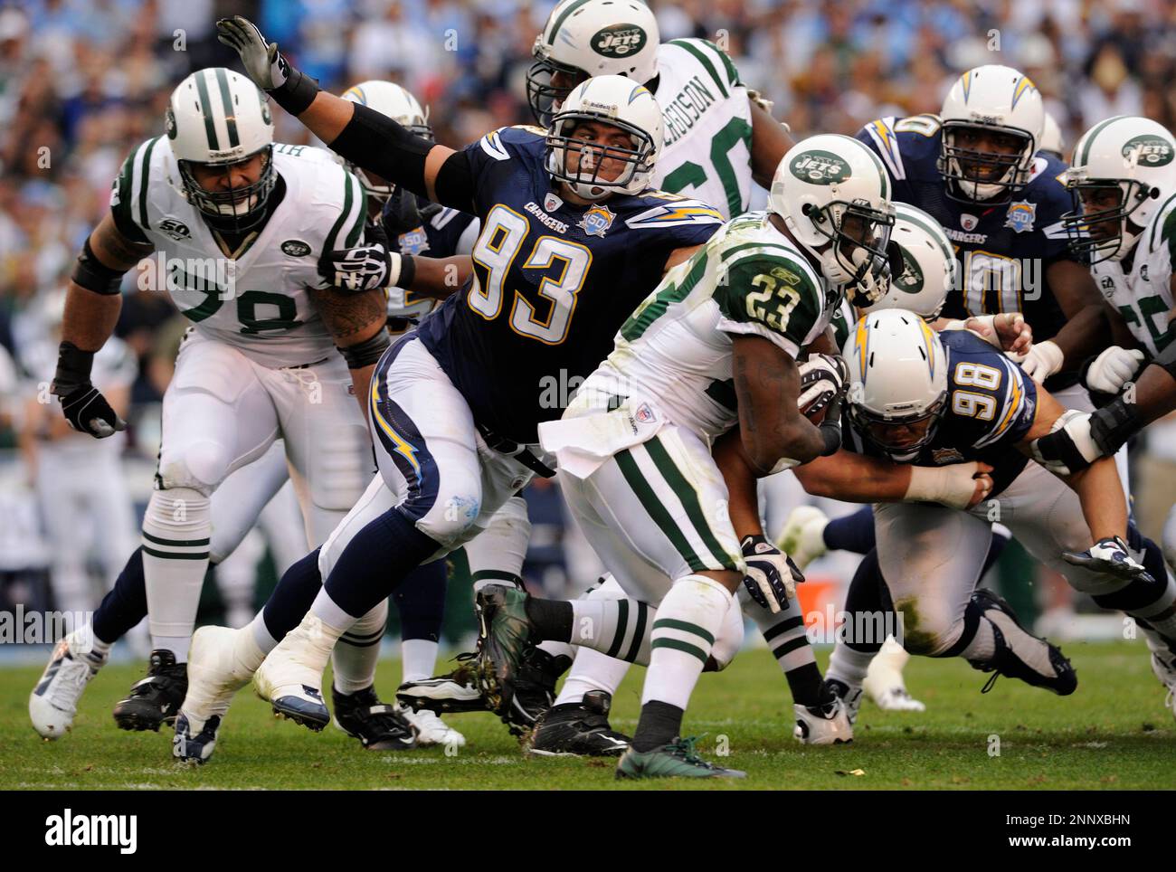 January 17, 2010: San Diego Chargers defensive tackle Luis Castillo (93)  reaches for New York Jets running back Shonn Greene (23)during the AFC  Divisional playoff at Qualcomm Stadium in San Diego, CA . (