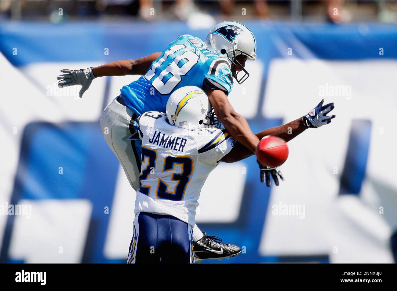 Charger cornerback Quentin Jammer breaks up a pass intended for Panther  wide receiver D.J. Hackett. The San Diego Chargers played the Carolina  Panthers in the opening game of the regular season at