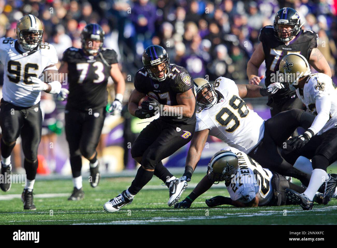 Ray Rice of the Baltimore Ravens runs with the ball against the