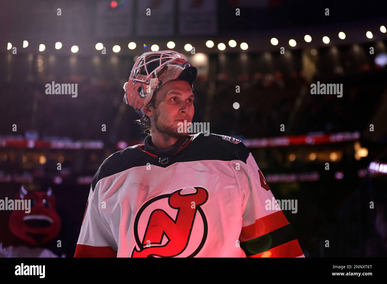 New Jersey Devils goaltender Akira Schmid skates off the ice after losing  to the Dallas Stars in an NHL hockey game Tuesday, Jan. 25, 2022, in  Newark, N.J. The Stars won 5-1. (