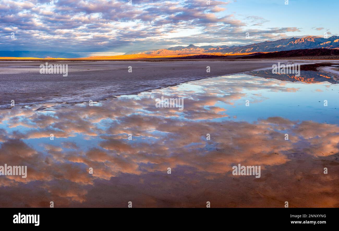 Landscape of desert with reflections of sky in water, Death Valley National Park, California, USA Stock Photo