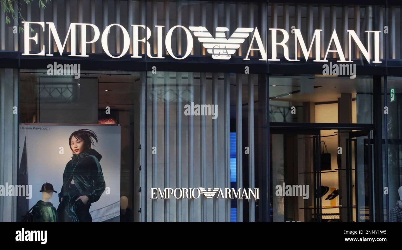 The logo of EMPORIO ARMANI is seen at Ginza district in Chuo Ward, Tokyo on  November 23, 2020. Giorgio Armani S.p.A. is an Italian luxury fashion house  founded by Giorgio Armani which