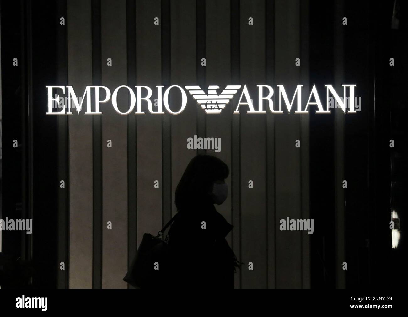 The logo of EMPORIO ARMANI is seen at Ginza district in Chuo Ward, Tokyo on  November 23, 2020. Giorgio Armani S.p.A. is an Italian luxury fashion house  founded by Giorgio Armani which