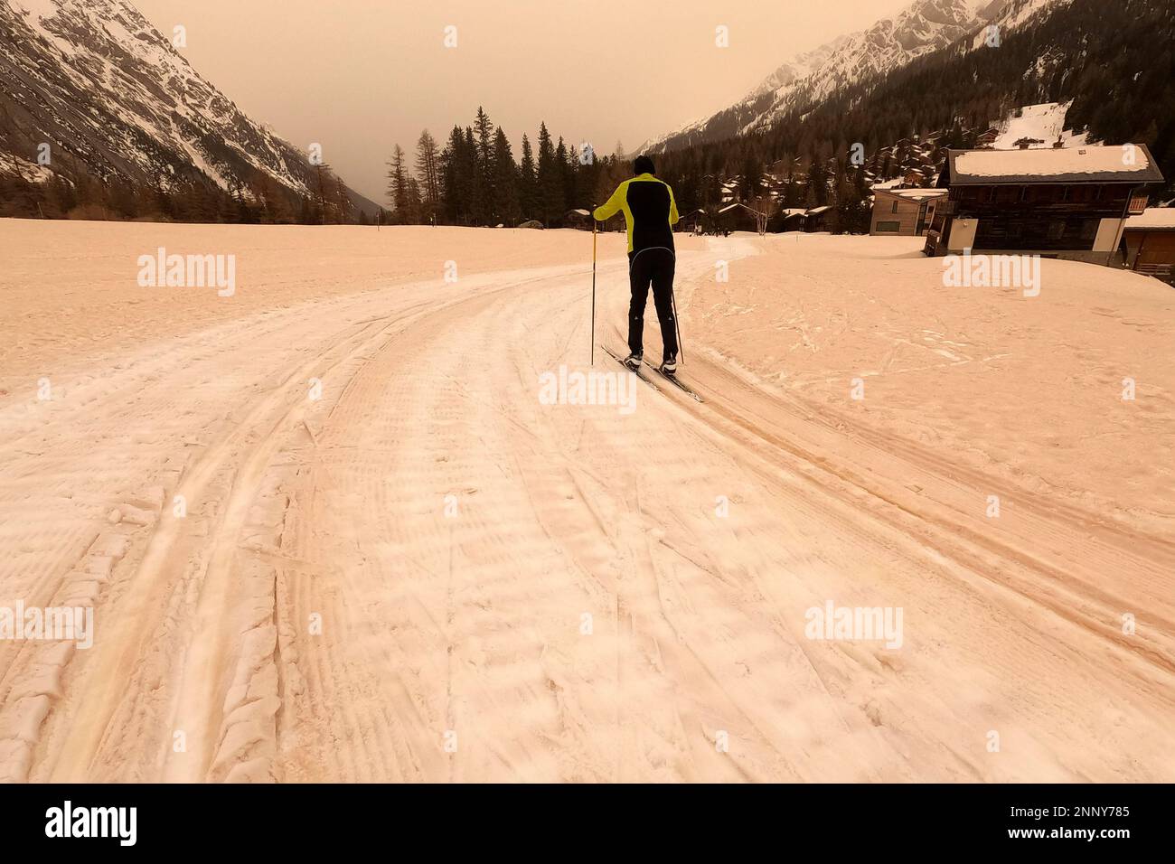View of the cross-country ski track covered with sand, on Saturday, 6 February 2021, at La Fouly in the Val Ferret, Switzerland