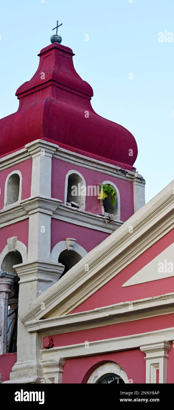Pink facade and steeple of church, old town, Corfu, Ionian Islands, Greece Stock Photo
