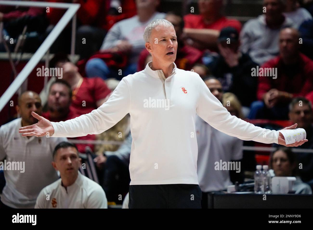 Southern California coach Andy Enfield gesture to an official while the