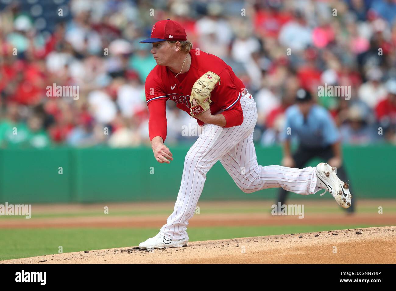 CLEARWATER, FL - FEBRUARY 25: Philadelphia Phillies Pitcher Nick Nelson  (57) delivers a pitch to the plate during the spring training game between  the New York Yankees and the Philadelphia Phillies on
