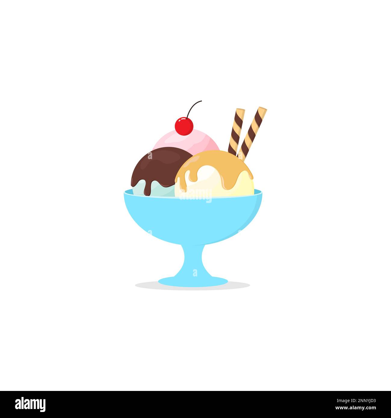 melted ice cream on a bowl with a wafer roll and cherry flat design isolated white background Stock Vector
