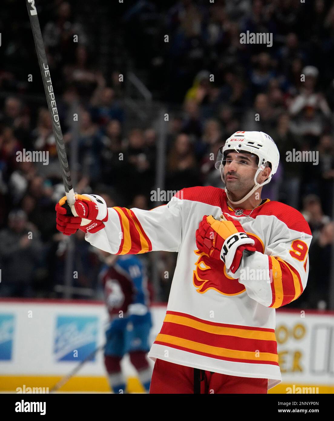 Calgary Flames center Nazem Kadri acknowledges the applause of the crowd after a video tribute