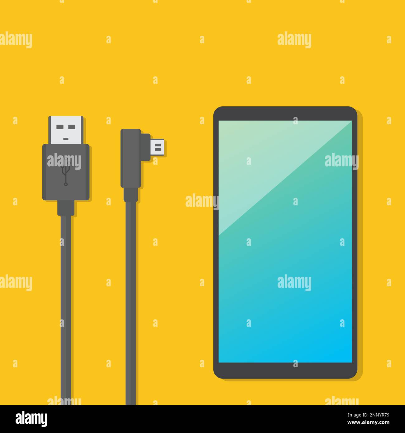 Smart phone and USB cable for charging Stock Vector