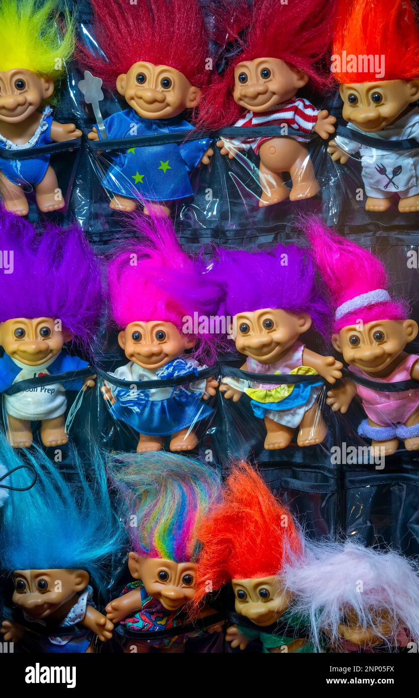 Colorful Troll dolls on sale at Kennedy Town open air weekend night market, Victoria Harbour, Hong Kong. China. Stock Photo