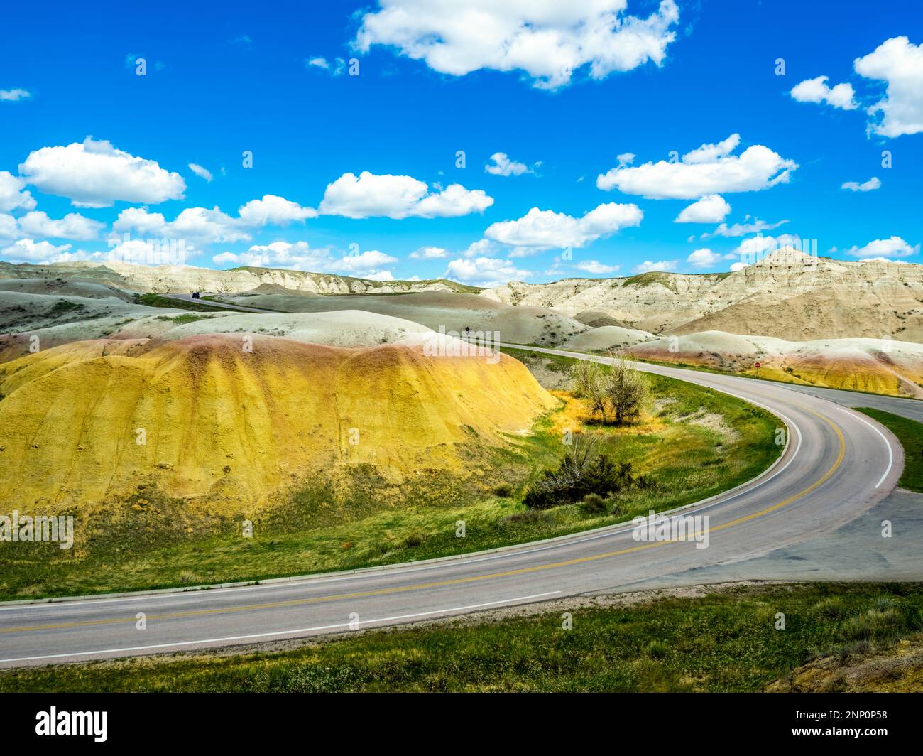 Landscape with Badlands Loop Road in Badlands National Park, South Dakota, USA Stock Photo